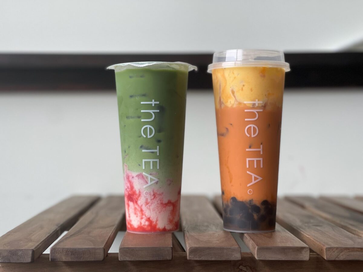 Picture of the Fresh Strawberry Matcha Milk (left) and the Toasted Thai Milk Tea (right)